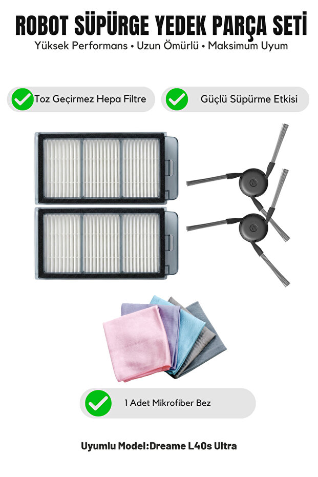Dreame L40S Ultra Compatible 2 Side Brushes 2 Filters 1 Cleaning Cloth