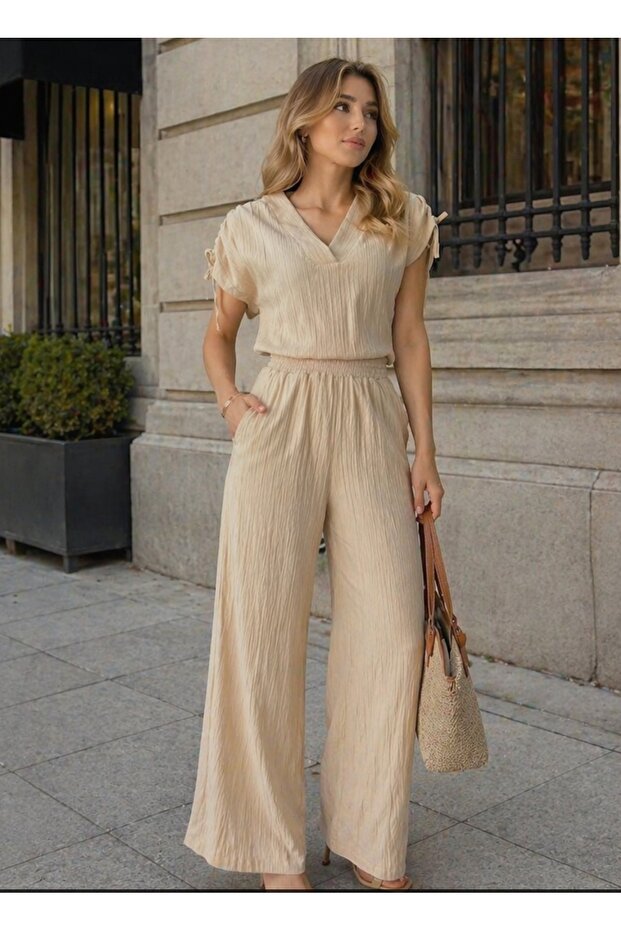 Women's V-Neck Jumpsuit with Shoulder Ruffles and Elastic Waist