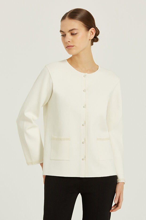 Ecru Pearl Buttoned Women's Jacket