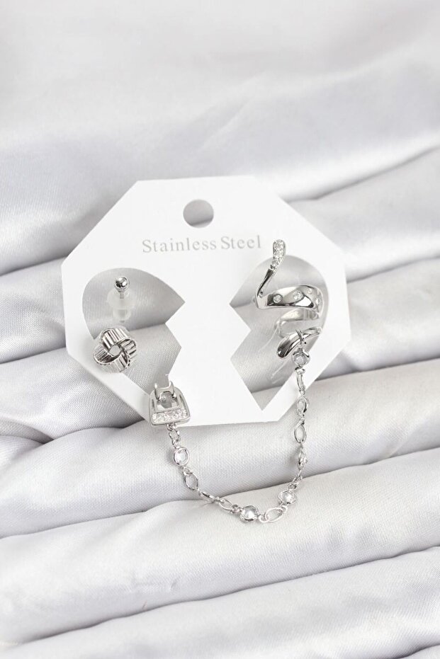 Brass Silver Color Snake Model Chain Linked Ear Cuff Earring Set
