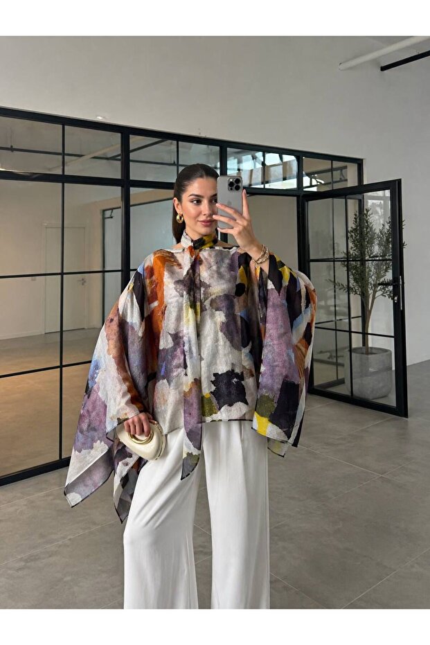 Women's Purple Patterned Asymmetrical Cape Blouse with Scarf