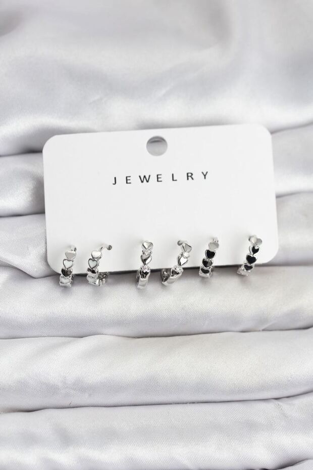 Silver Color Brass Minimal Heart Detailed Women's Earring Set