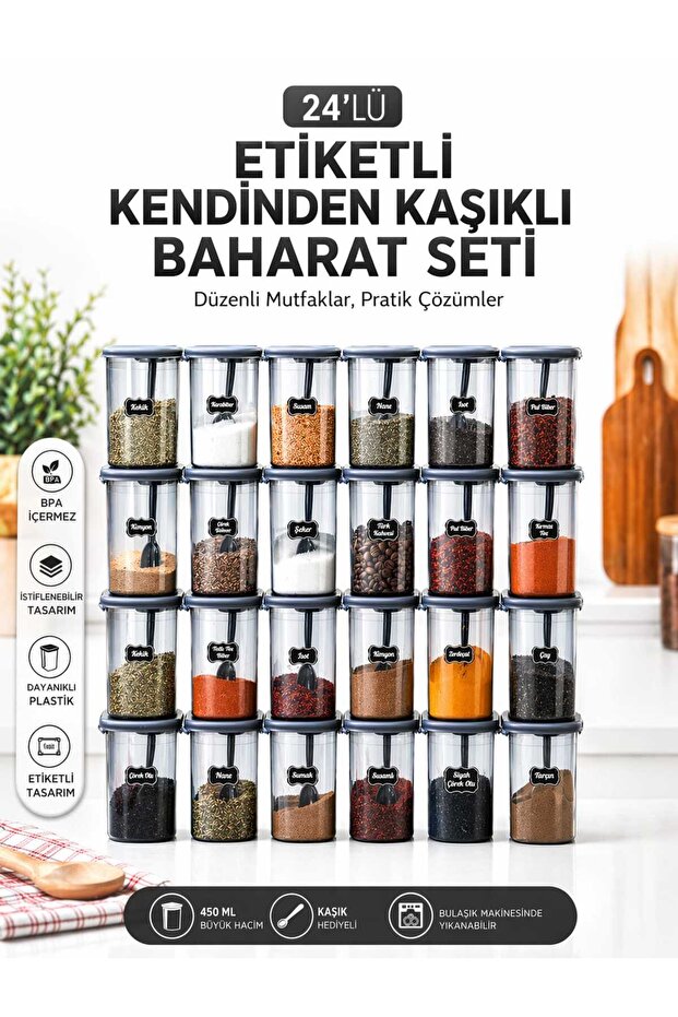 Set of 24 450ml Spice Containers with Labels and Lockable Self-Locking Spoons - with Label Gift