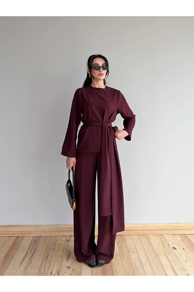 Burgundy Belted Lace Detailed Blouse and Trousers Set - 8006