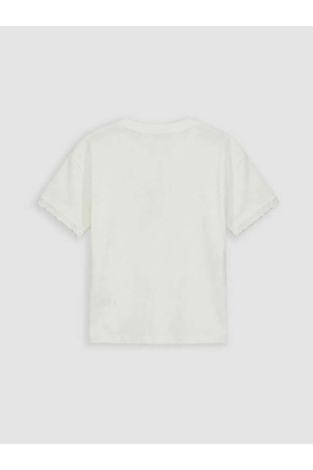 White Crew Neck T-Shirt with Ruffle Detail for Girls