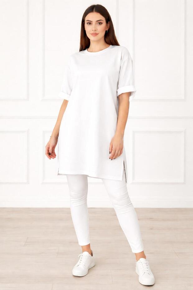 Women's Comfortable Cut-Out Half-Sleeve Combed Cotton Tunic with Slit Detail