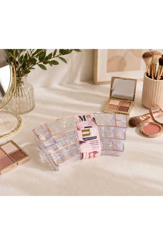 Sheer plastic cosmetic organizer with multiple compartments