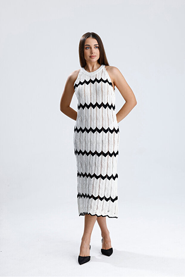 White Sleeveless Halter Neck Women's Knitwear Summer Midi Dress