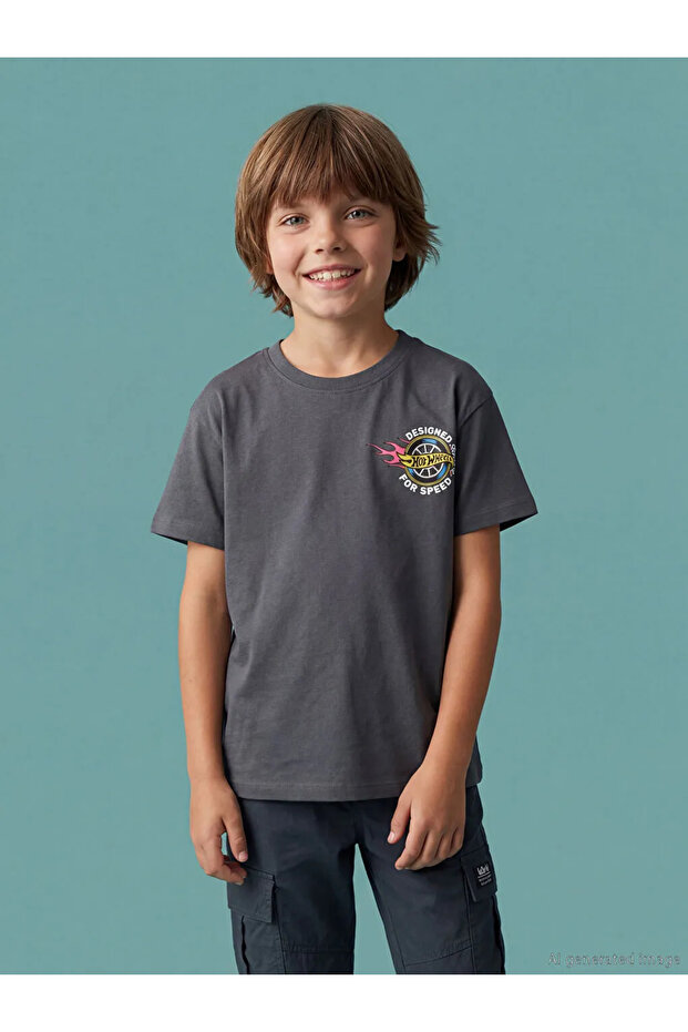 Anthracite Crew Neck Hot Wheels Printed Boys' T-Shirt