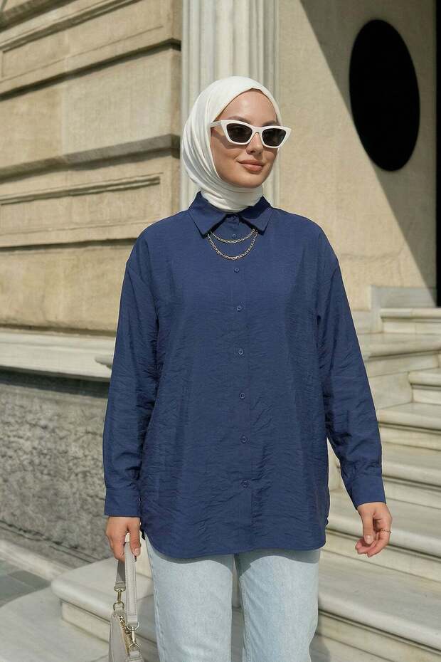 Buttoned Hijab Shirt 612137 - Dark Blue