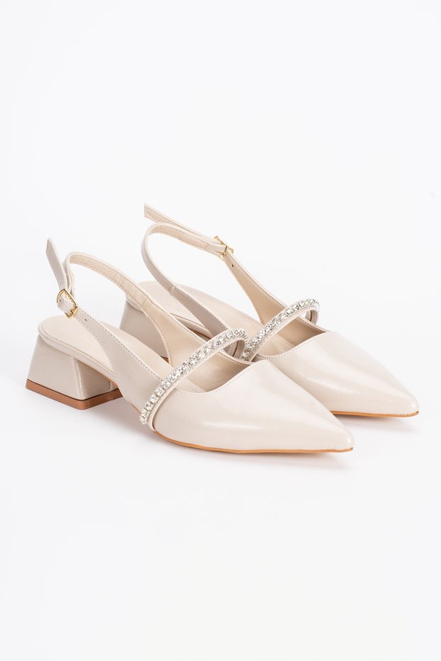 Open Back, Stone Detailed, Pointed Toe, Low Heel, Daily Ballerina Women's Heeled Shoes