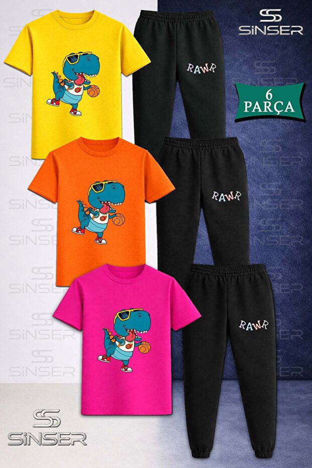 Children's Rawr Dino Basket 3Lu 3LÜ T-Shirt Tracksuit Set in Square