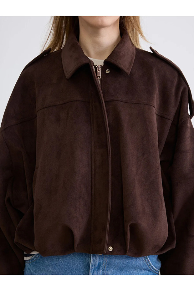 Brown Shirt Collar Women's Suede Look Jacket