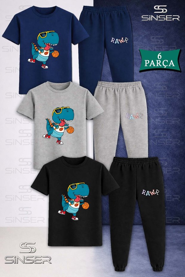 Children's Rawr Dino Basket 3Lu 3LÜ T-Shirt Tracksuit Set in Square