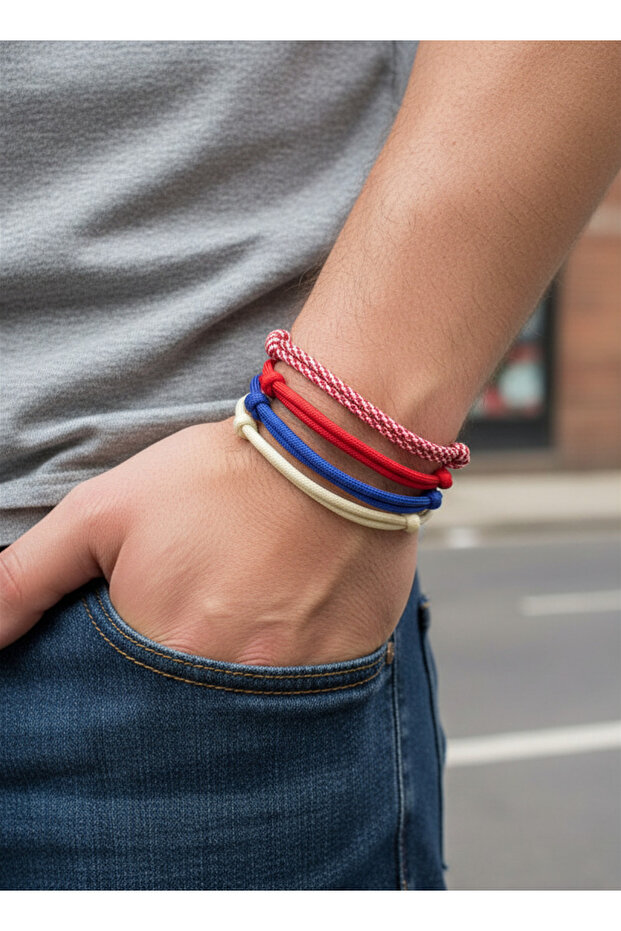 Men's Marine Series Thick Navy Blue Cream Red White Paracord Rope Bracelet Set 4 Pieces
