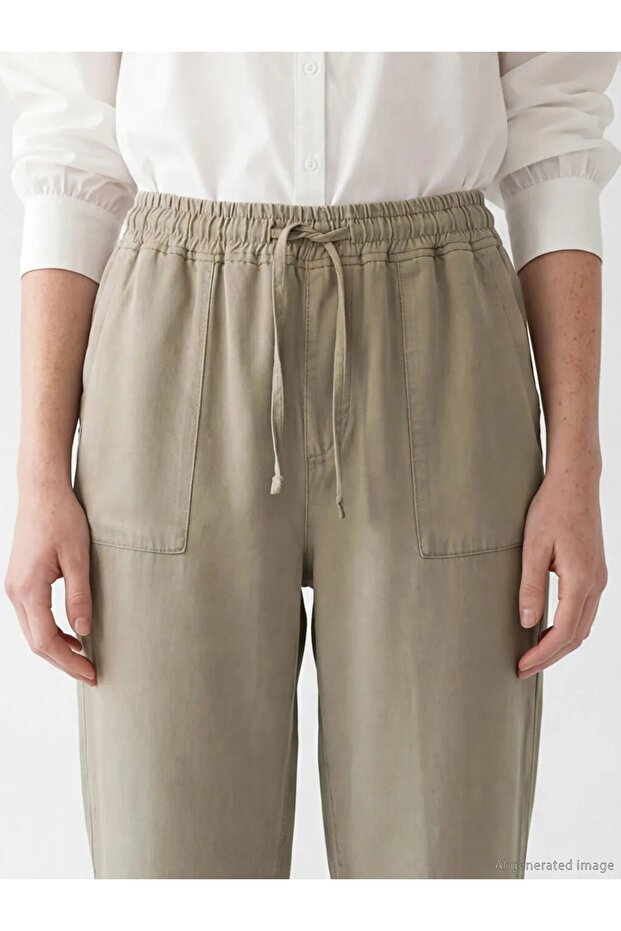 Khaki Elastic Waist Carrot Fit Women's Jean Trousers