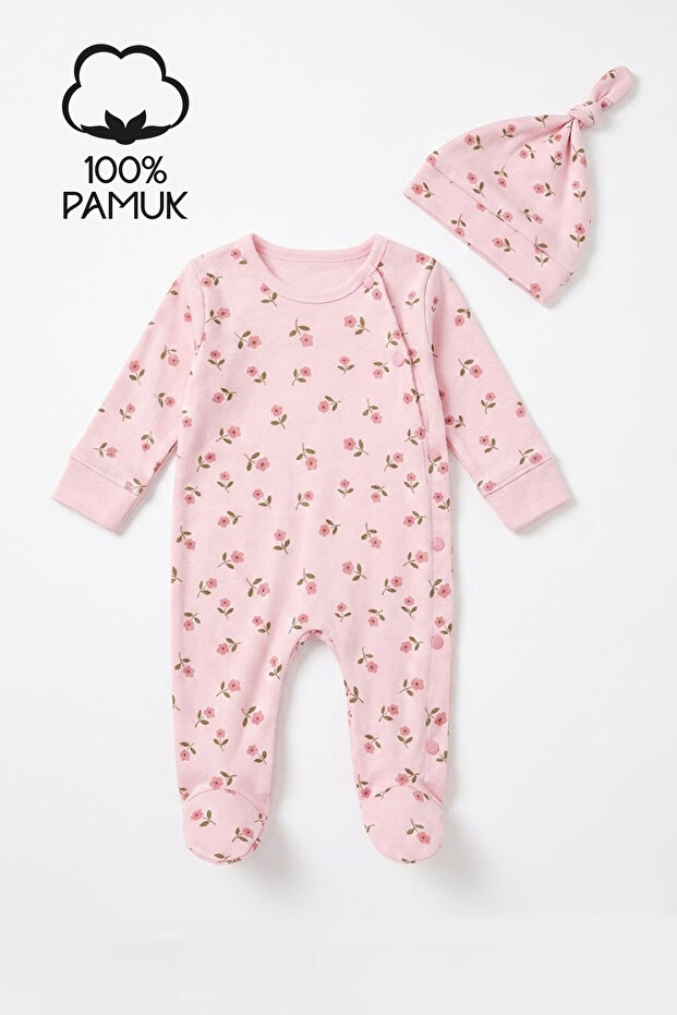 Newborn Hospital Release 100% Cotton Floral Romper and Knotted Beanie Set