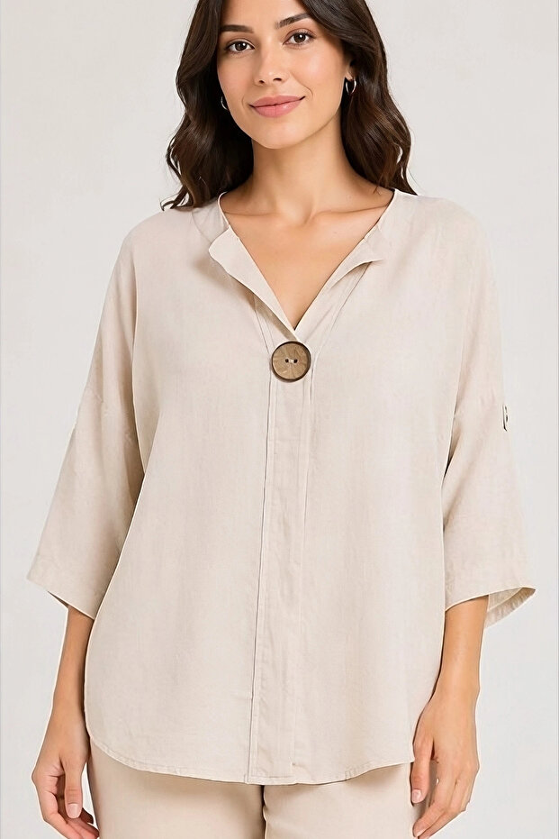 Women's Beige Large Size Large Single Button Washed Cotton Linen Folded Sleeve Shirt Blouse