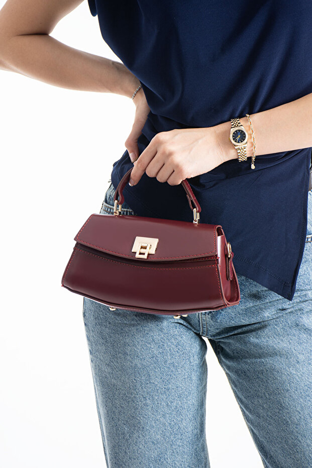 Nçs Burgundy Lock Detailed Baguette Women's Crossbody Bag