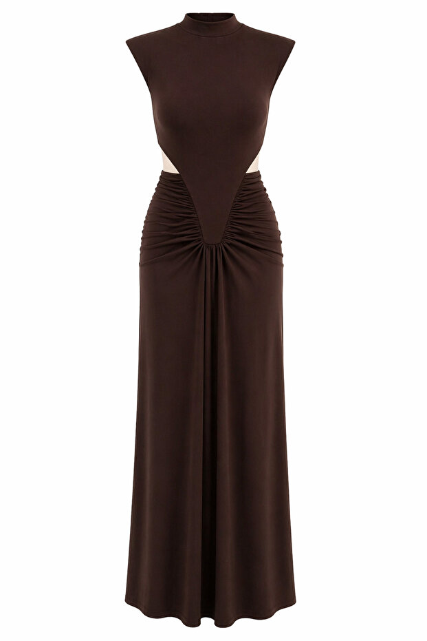 Low-Cut Waist Lycra Brown Maxi Dress