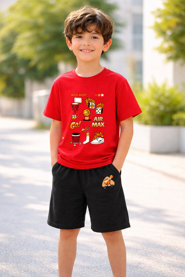 T-Shirt and Shorts Set for Boys, 100% Cotton, Summer, Comfortable Fit, Printed, Sports Casual Set