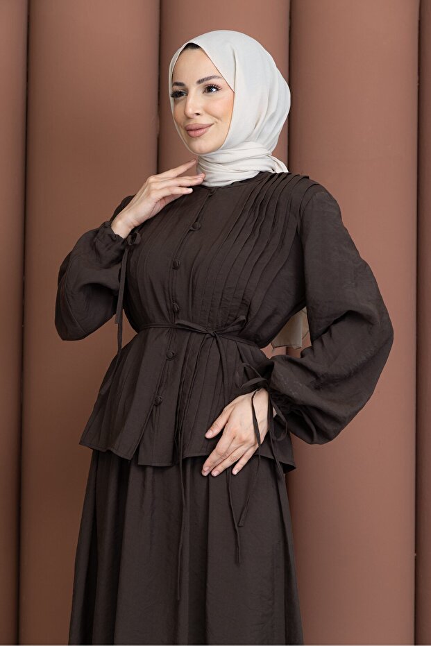 Pleated Front Double Suit Set Brown