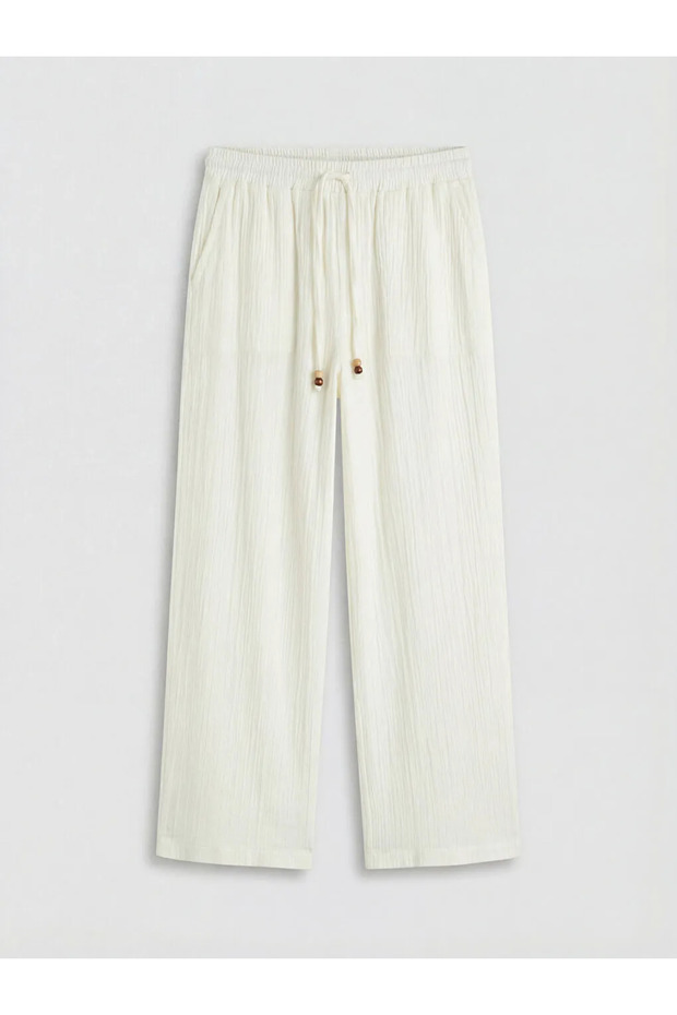 White Elastic Waist Textured Muslin Women's Trousers