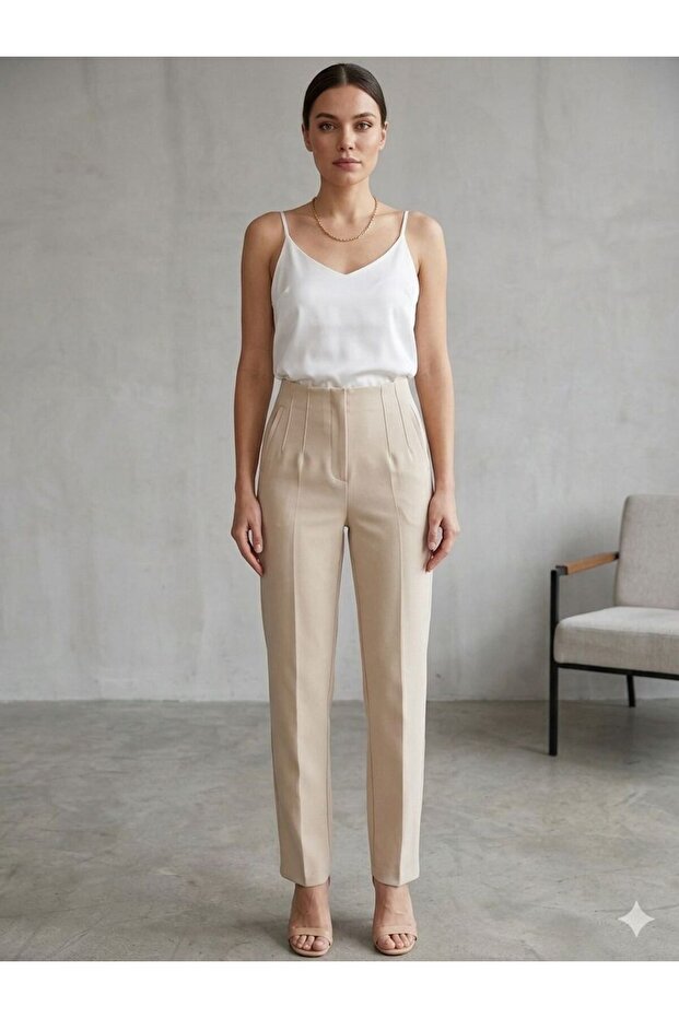 Minella Fashion Women's Beige Skinny Leg Fabric Trousers High Waist Slim Fit Office Chic