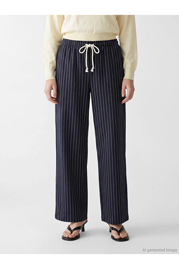 Navy Blue Striped Linen Blend Women's Trousers