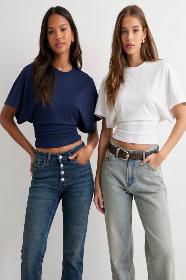 Qlay Women's 2-Pack Navy Blue White Waist-Fitted Wide Sleeve Viscose Blouse - Soft Textured Stylish Summer Wear