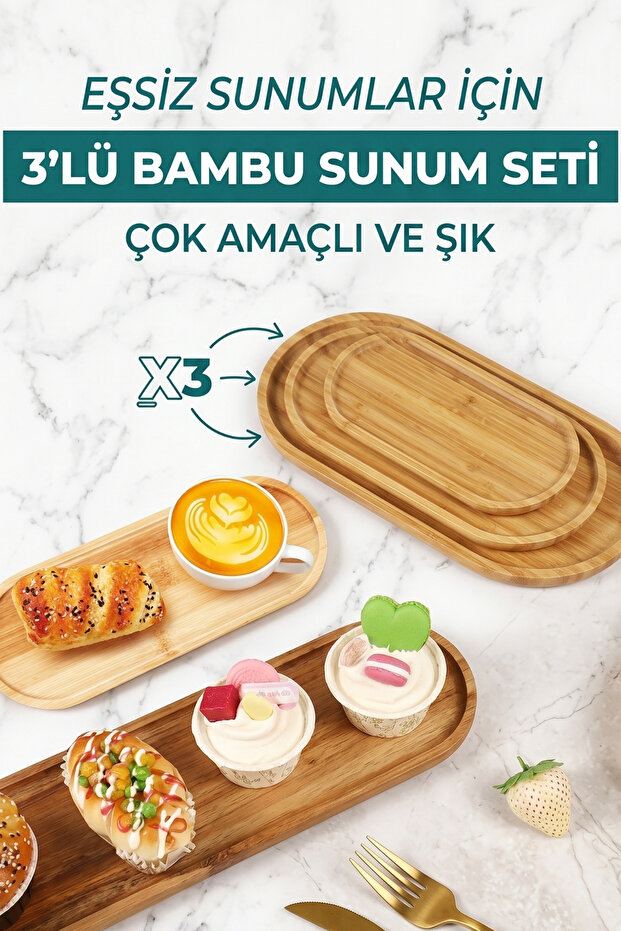 Set of 3 Natural Bamboo Oval Presentation Plates - Entrance, Snack and Breakfast Presentation Set