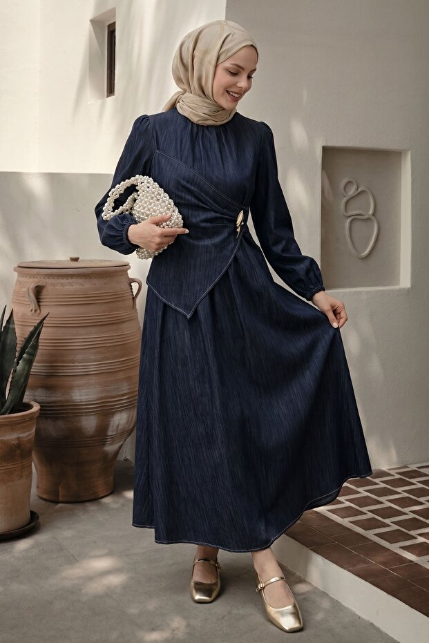 Dark Blue Dress with Gathered Collar and Gold Buckle