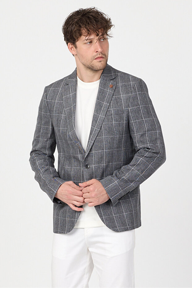 Lazue Men's Black-Grey Polyviscon Fabric Slim Fit Mono Collar Sports Blazer Jacket