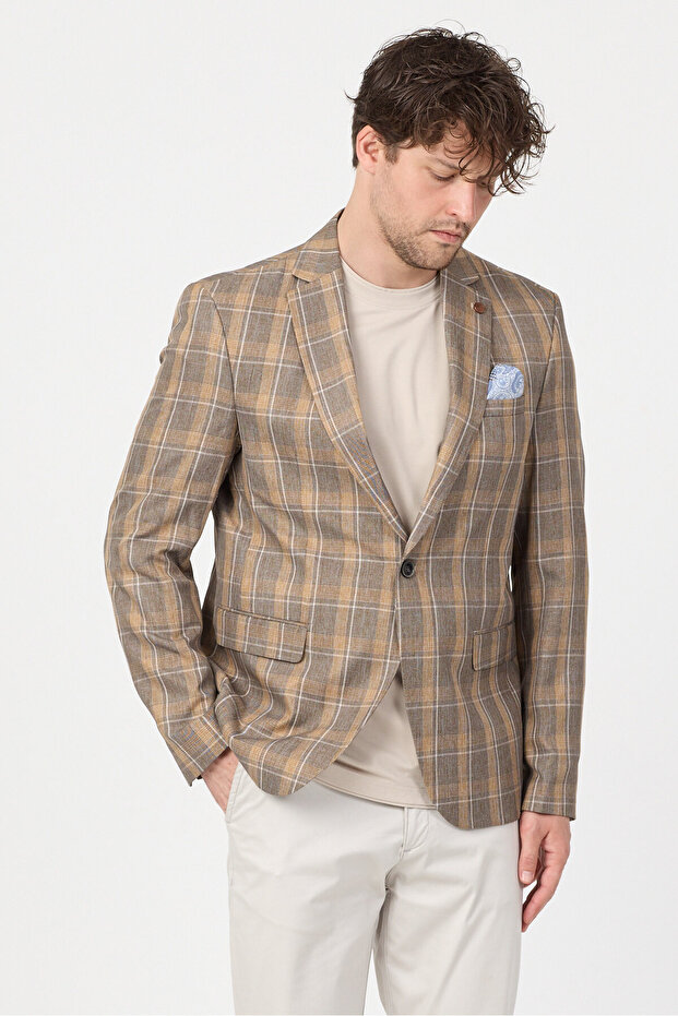 Lazue Men's Brown Polyviscon Fabric Slim Fit Mono Collar Sports Blazer Jacket