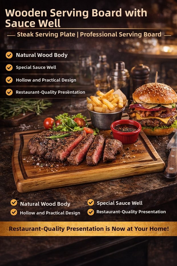 Wooden Presentation Board with Sauce Bowl | Steak Serving Plate | Professional Presentation Board