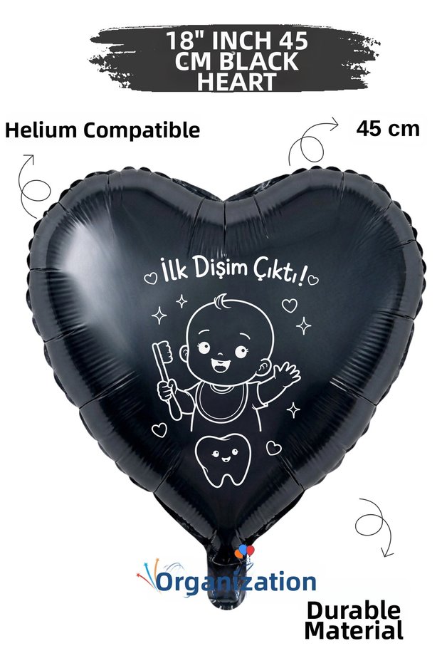 18 Inch Black Heart Foil Balloon | My First Tooth Came in | Tooth Figured | My First Tooth Came Out Party | Baby
