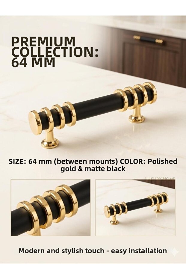 Light 64 mm (6.4 cm) Black-Gold 5 Pieces Drawer Wardrobe Furniture Handle Children's Room Kitchen