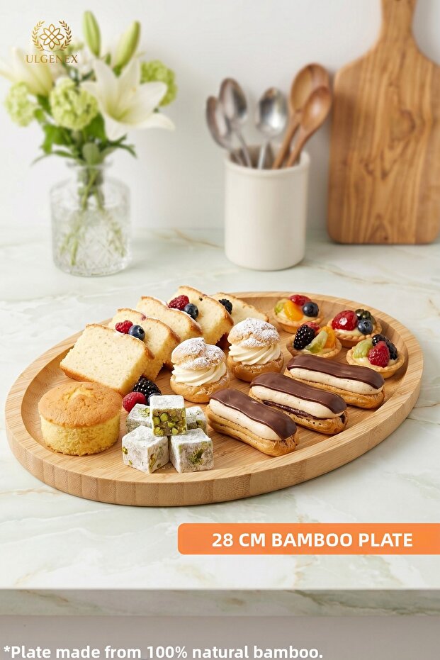 28 cm Natural Bamboo Oval Presentation Tray Wooden, Decorative Serving Tray Coffee and Breakfast Presentation Plate