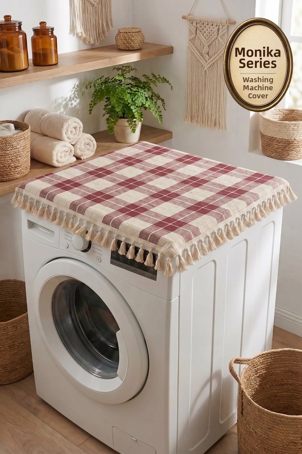 Burgundy Vintage Tasseled Washing Machine Cover - Dowry Cloth Decorative Bathroom Machine Cover
