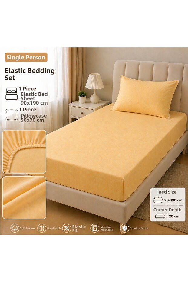 Single Yellow Elastic Bed Sheet Set 90X190 cm + 20 cm Height 100% Cotton