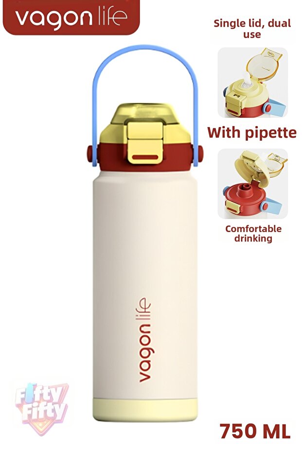 750 ml Single Lid Dual Use Stainless Steel Thermos with Straw and Comfortable Drinking Handle Ff1108-750Ml