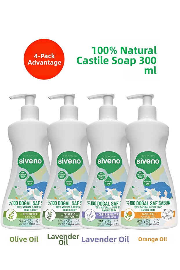 100% Natural Liquid Castile Soap Olive Oil Laurel Orange Lavender Vegan 300 ml Mixed Set
