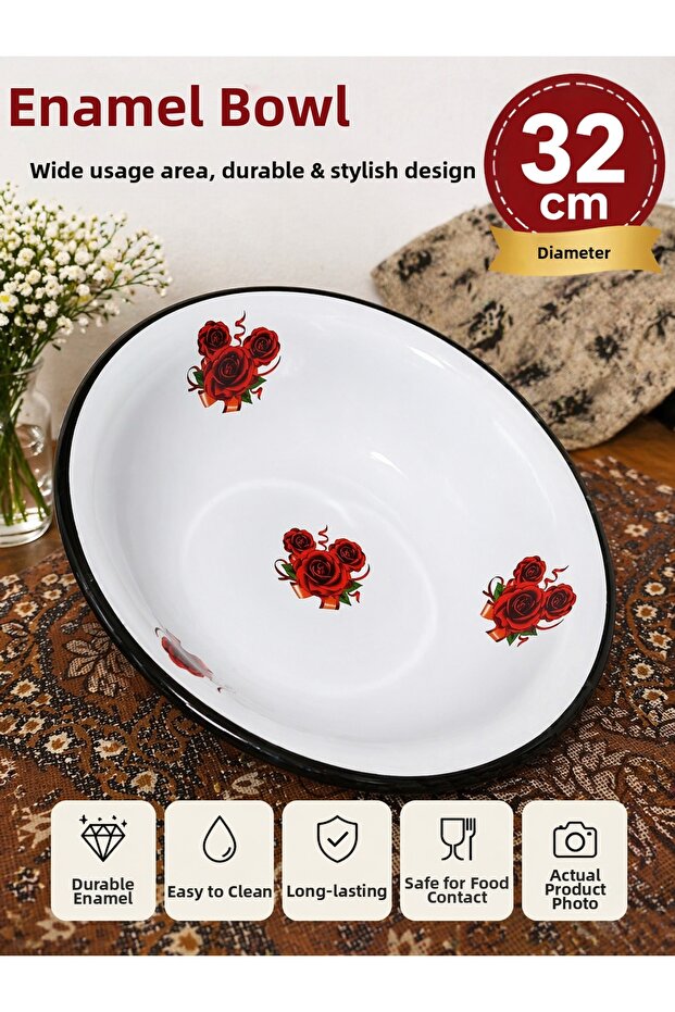 حوض مطلي بالمينا مقاس 32 سم - كبير الحجم، متين، سهل التنظيف، يدوم طويلاً، بنمط زهور كلاسيكي