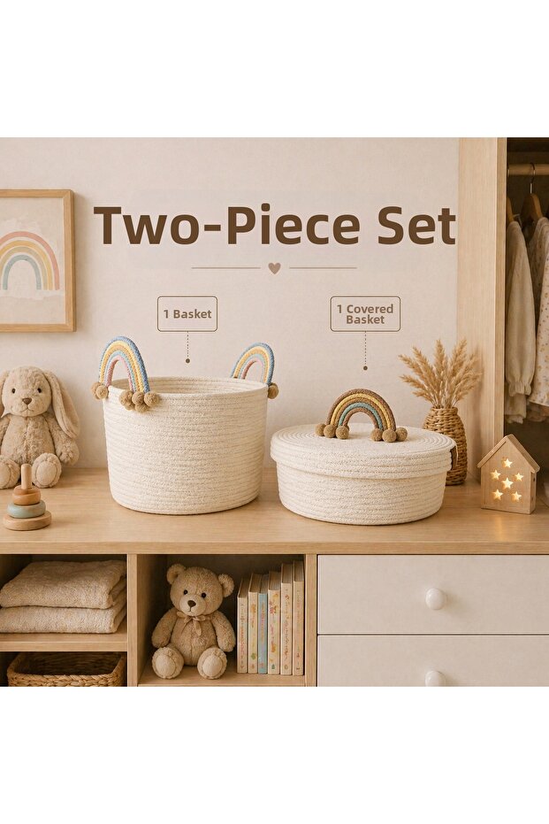 Set of Two Rainbow Detailed Wicker Baskets and Baskets with Lids Decorative Organizer