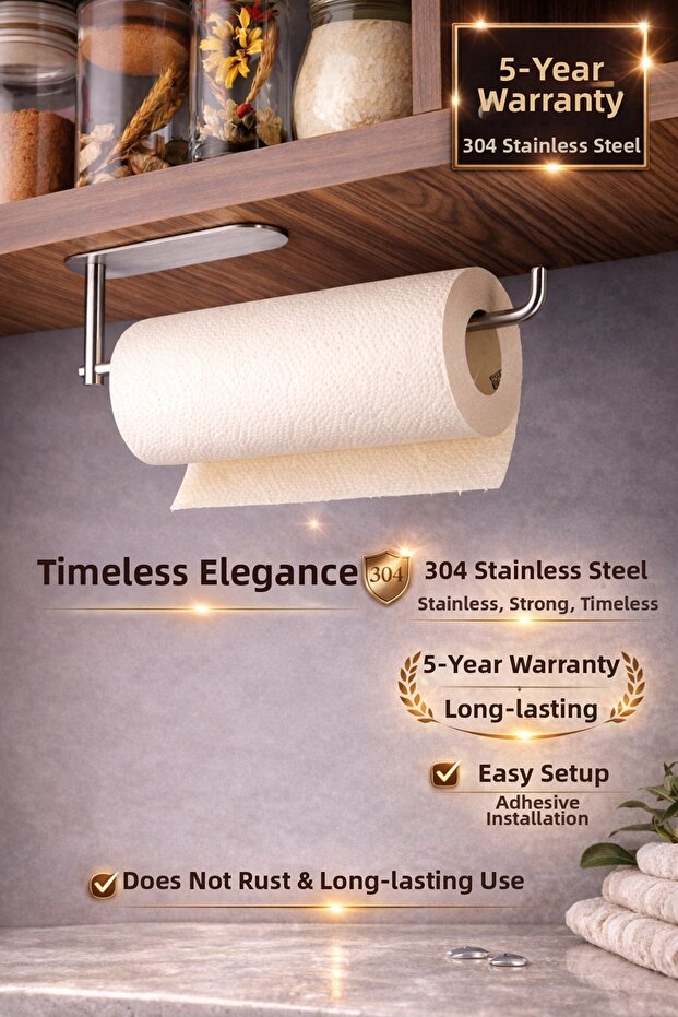 Premium Matte Chrome 304 Stainless Steel Paper Towel Rack, Adhesive Roll Towel Holder, Kitchen under Cabinet Towel Holder