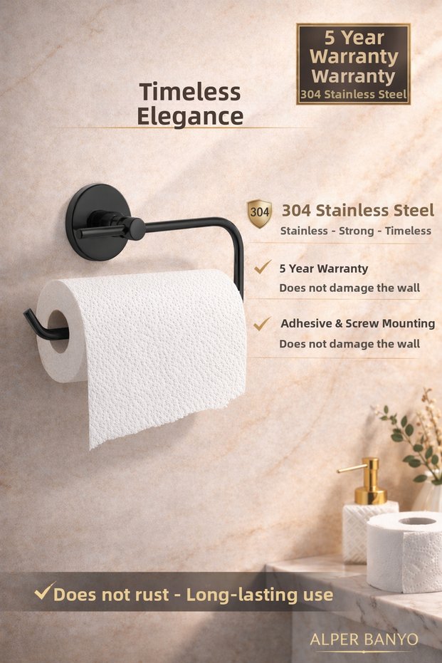 Black 304 Stainless Steel Freestanding Towel Rack, Napkin Holder – 5 Year Warranty – Adhesive & Screw Mounting