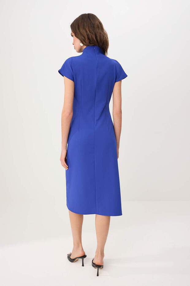 Saks Büzgü Drape Detaylı Kısa Kol Dik Yaka Midi Dokuma Elbise TWOAW25EL00393 - 4