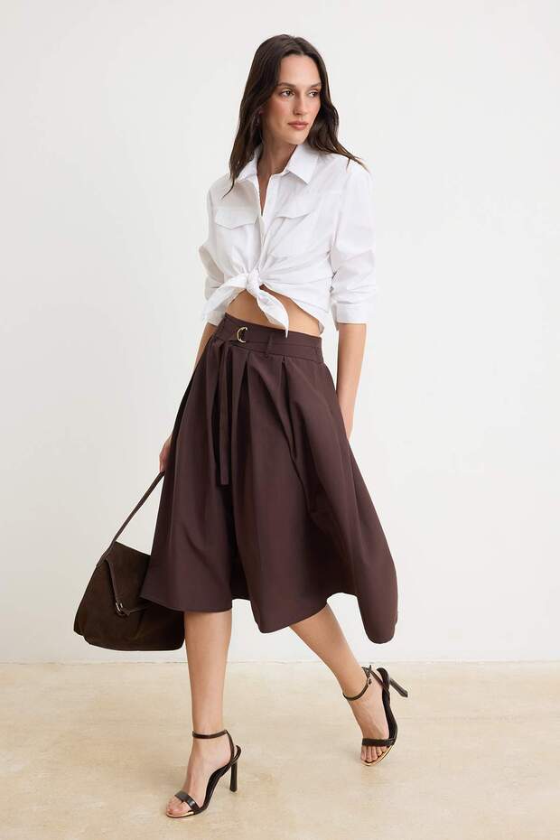 Kahverengi Midi Poplin Etek TWOSS26ET00144 - 2