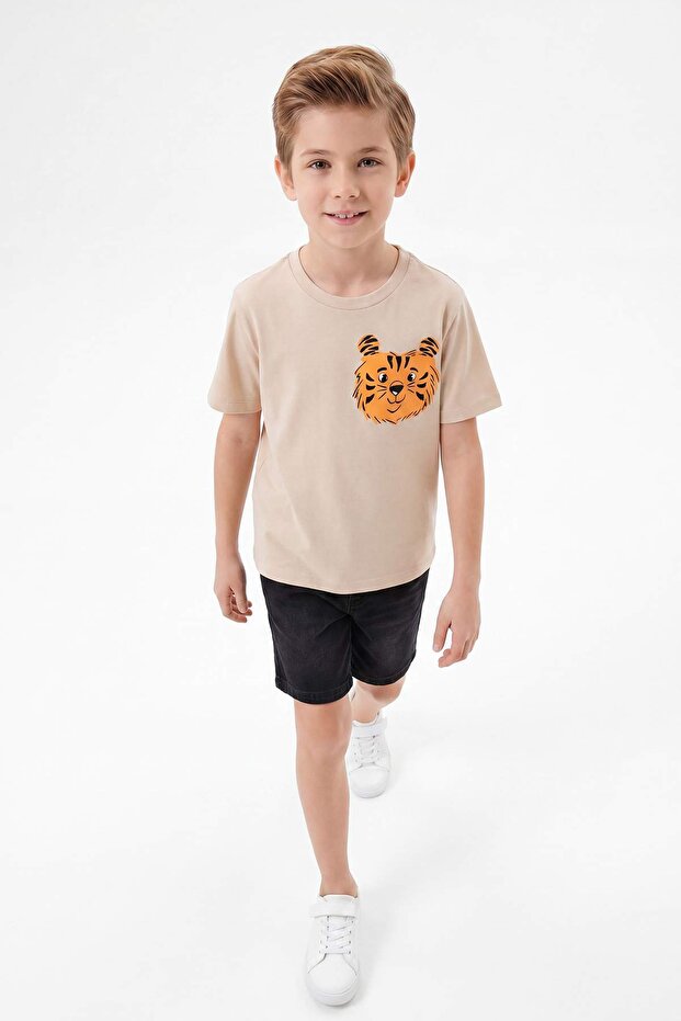Taş-Ekru 2'li Erkek Çocuk Baskılı Örme T-Shirt TKDSS26TS00039 - 5