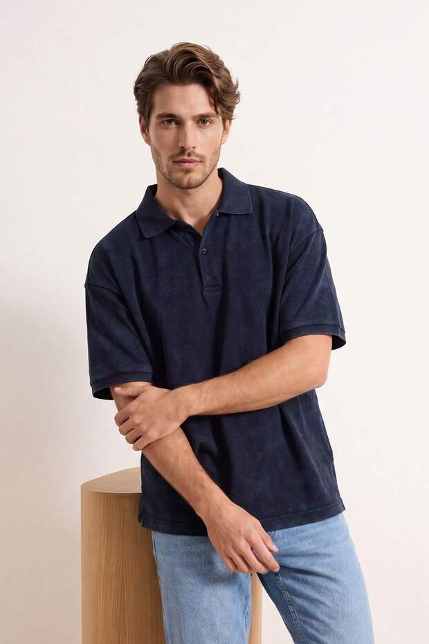 Antrasit Oversize/Geniş Kesim Soluk Efekt %100 Pamuk Polo Yaka T-shirt TMNSS26TS00044
